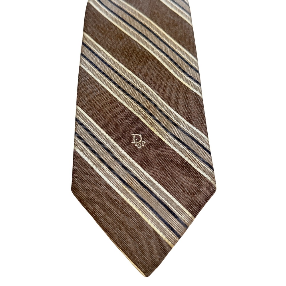 Christian Dior Silk Necktie Brown Striped Vintage Designer Tie 70s Classic